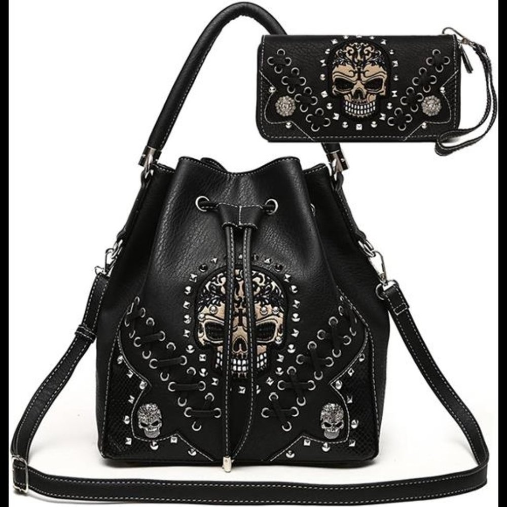Sugar Skull Punk Art Rivet Studded Concealed Carry Purse Women Handbag Fashion
